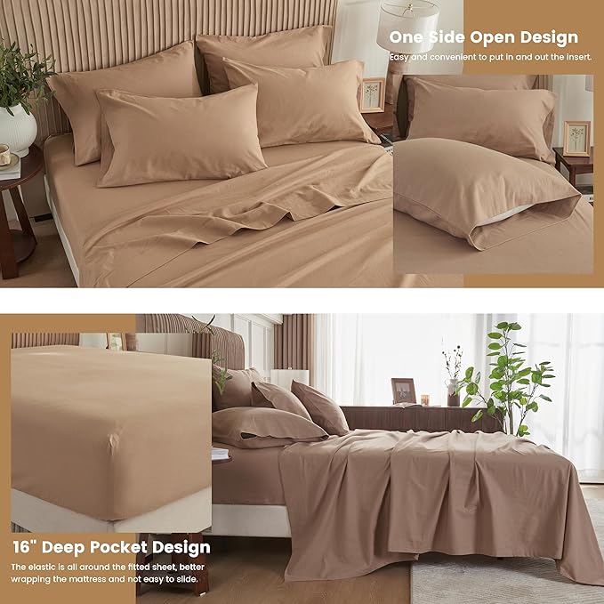 Simple&Opulence Belgian Linen Sheet Set Solid Color - 6 Pieces (1 Flat Sheet & 1 Fitted Sheet & 4 Pillowcases) 16" Deep Pocket Natural Flax Cotton Blended Soft Bedding - Clay, Queen Size