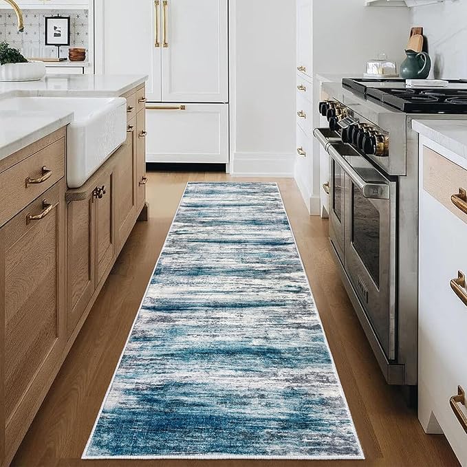 KOZYFLY Modern Abstract Hallway Runner Rug, 2.6x8 Washable Rug Runner Non-Slip Soft Striped Kitchen Runner Rugs, Print Light Blue Carpet Runner for Entryway Bathroom Laundry Room Foyer