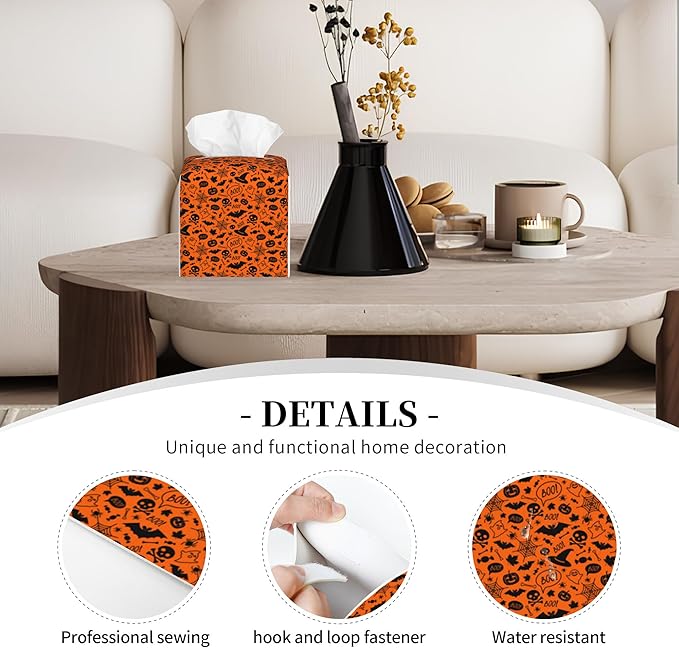 POIUBLE Halloween Pumpkins and Bats Tissue Box Cover Skulls Spiders Ghosts Leather Tissue Box Holder Square Facial Paper Organizer Dispenser for Bathroom Kitchen Bedroom Vanity Countertop Night Stands