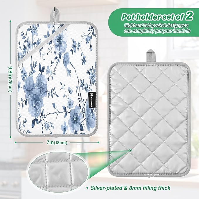 Pot Holders Set of 2 Blue Flower Hot Pads for Kitchen Heat Resistant Potholders Sets for Kitchen and Baking 7x9.8in