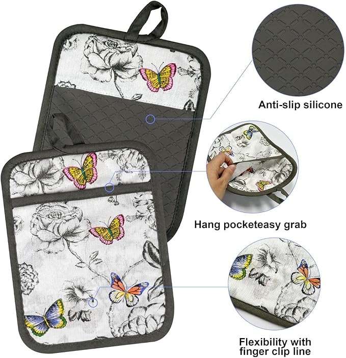 Oven Mitts and Pot Holders with Chaf Apron,Set of 5 Heat Resistant Kitchen Gloves and Silicone Non-Slip Potholders Adjustable Neck Buckle Apron, Cotton Nice Design for Cooking (Butterfly)