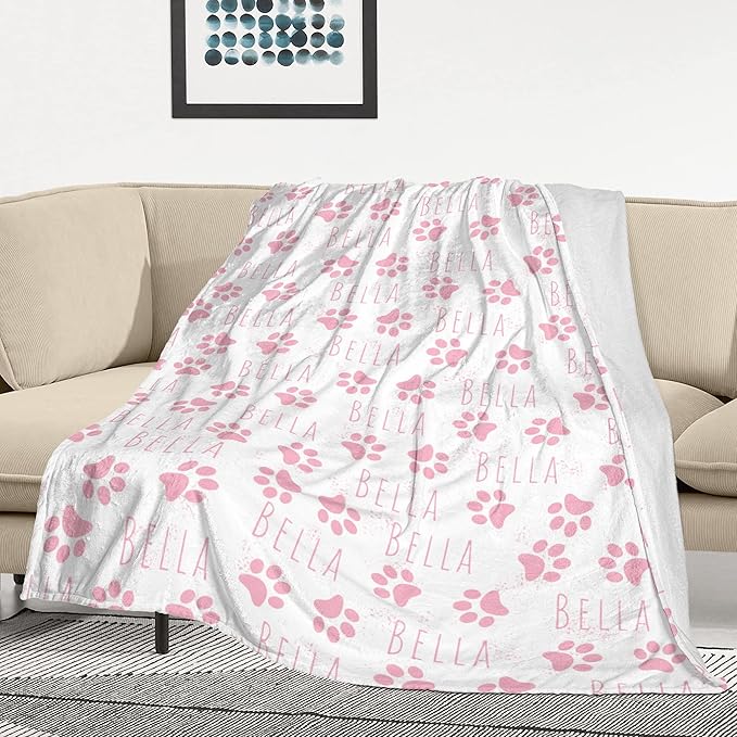 Ecautly Personalized Dog Blanket, Custom Paw Print Dog Blanket with Pets Name, Stuff for Pets, Customized Puppy Blanket with Name, Pets Bereavement/Passing Away Gifts