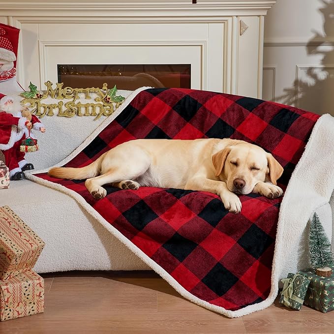 Qeils Dog Blankets for Large Dogs, Waterproof Dog Blanket Washable, Soft Sherpa Fleece Puppy Blanket for Kitten Doggy, Warm Cat Blankets for Indoor Cats, 50"X60", Red Christmas Checker