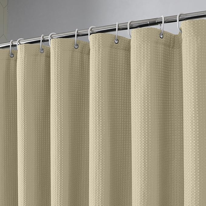 OVZME Extra Long Shower Curtain Set- 96 Inch Long Waffle Weave Heavy Duty Fabric Shower Curtains for Bathroom, Luxury Heavy Duty Thick Cloth Shower Curtain with 12 Plastic Hooks, 72Wx96L, Taupe