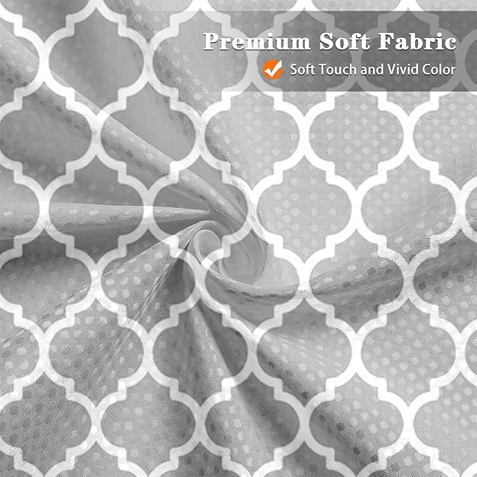 Culudea Gray Plaid Quatrefoil Moroccan Waffle Textured Cloth Shower Curtain Set, Grey Checkered Four Leaf Clover Grid Bathroom Window Waterproof Shower Curtains for Bathroom Decor