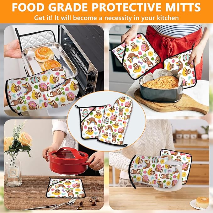 Cute Sloth Oven Mitts and Pot Holders Sets 4Pcs,Extra Long Oven Gloves Potholder for Kitchen Cooking Baking BBQ 100% Cotton Heat Resistant