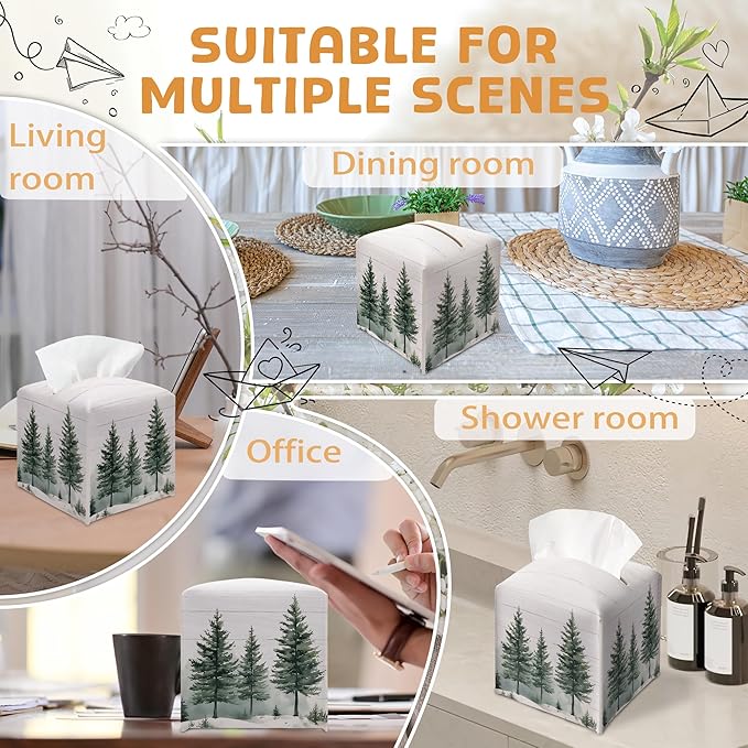 Winter Pine Tree Tissue Box Holder, Christmas Tree Leather Tissue Box Cover Square with Bottom Belt, Paper Facial Decorative Tissues Cover for Night Stands Bathroom Kitchen Office Home Decor-B21