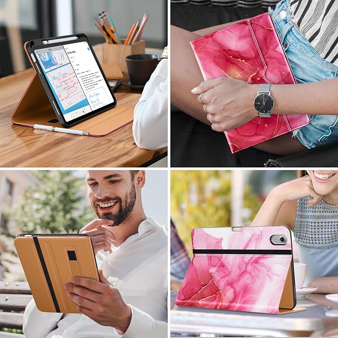 DTTO for iPad (A16) 11th Generation Case 11 Inch 2025, iPad 10th Generation Case 10.9 Inch 2022, Premium Leather Business Folio Stand Cover with Pencil Holder - Auto Wake/Sleep, Red Marble