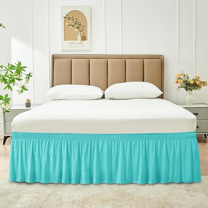 Biscaynebay Wrap Around Bed Skirts for Queen Beds 17" Long Drop, Aqua Adjustable Elastic Dust Ruffles Easy Fit Wrinkle Resistant Silky Luxurious Fabric Machine Washable