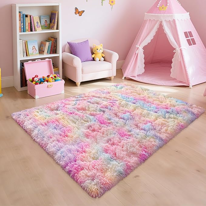 3x5 Pastel Rainbow Rug for Girls Bedroom, Fluffy Colorful Unicorn Rug for Kids Room Cute Floor Carpets Shaggy Playing Mat for Toddler Baby Girls Room Nursery Home Tie-Dyed Rainbow Rugs