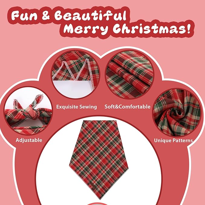 UP URARA PUP Christmas Plaid Dog Bandana–Red and Green Checked Triangle Scarf for Small Medium Large Dogs, Soft Cotton Pet Bib for Winter & New Year, Adjustable Dog Kerchief