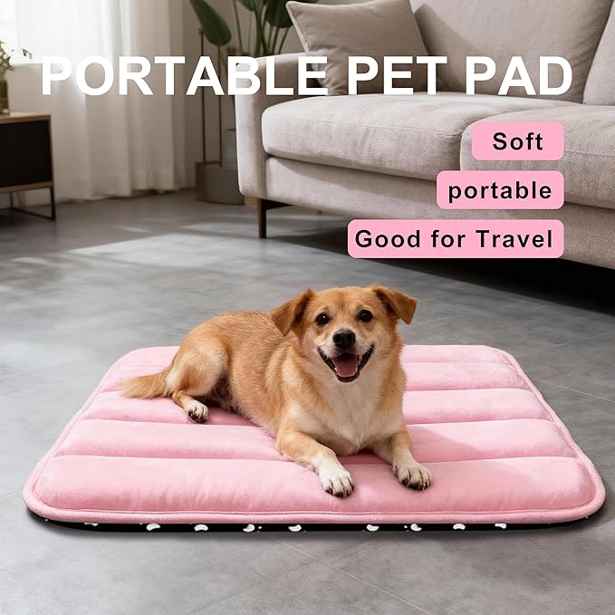 Fogkiss Dog Bed Mat, Reversible Dog Crate Pad with Washable Kennel Mat and Soft Foam, Flat Pet Bed for Dogs & Cats, for Crates Carriers & Travel (Pink, 28" L*16" W*1.5" Th)