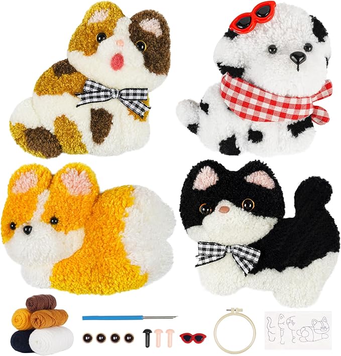 Punch Needle kit-4,Embroidery kit for Beginners,Punch Needle Kits Adults Beginner,Needles, Curved Scissors, a Tool Storage Box, Yarn, Easy-to-Follow Instructions, and Tutorial Videos-(Cat-Dog Duo)