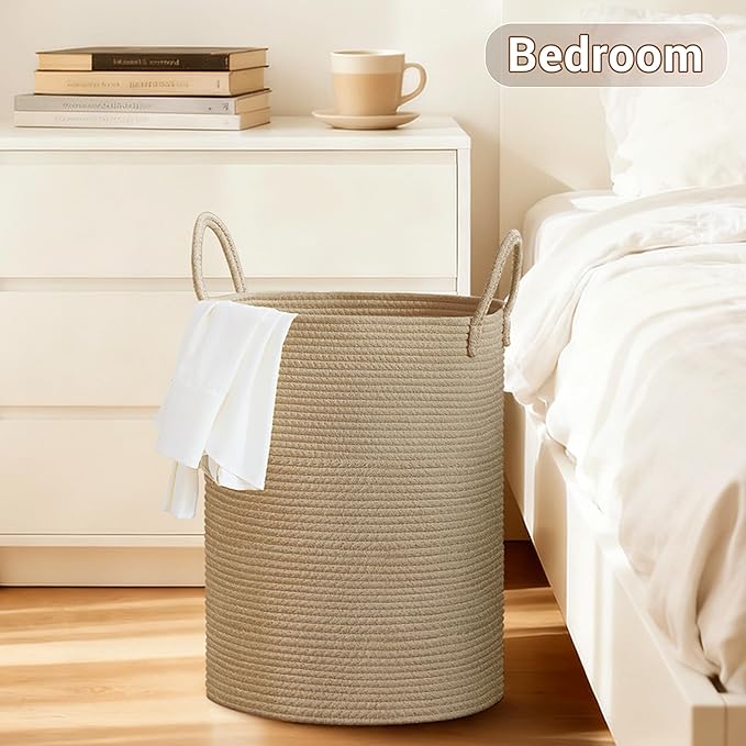 SunNewt Tall Laundry Basket with Handles, 58L Portable Dirty Clothes Hamper, Boho Cotton Rope Storage Bin for Blankets Kids Toys Gifts, Decorative Organizer for Baby Nursery Bedroom Bathroom, Jute