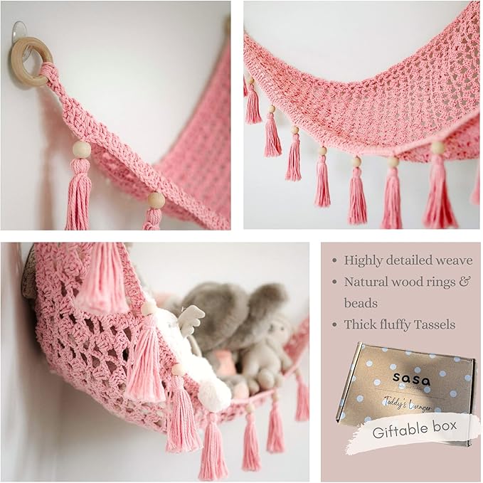 Sasa Baby and Toddler Macrame Toy Hammock for Stuffed Animals - Plushie Toy Hammock for Baby Girl Nursery Decor, Plush Hammock, Stuffy Hammock, Hanging Stuffed Animal Organizer, Sweet Pink