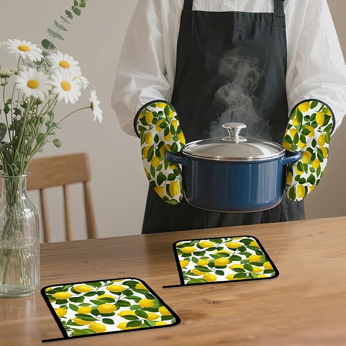 Lemon Oven Mitts and Pot Holders Set,Kitchen Decor Heat Resistant Non Slip Hot Pads and Oven Mitt for Chef Cooking Baking BBQ Mom Girl Gifts(4 Piece Set)