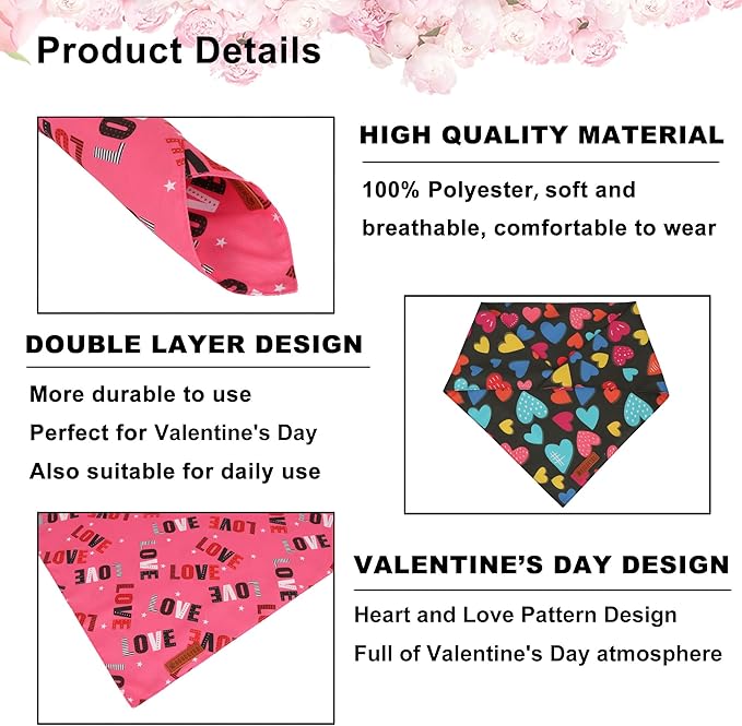 ADOGGYGO Valentine Dog Bandanas 2 Pack, Triangle Reversible Love Heart Scarf, Premium Durable Fabric, Pet Valentine Bandana for Medium Large Dogs (Large)