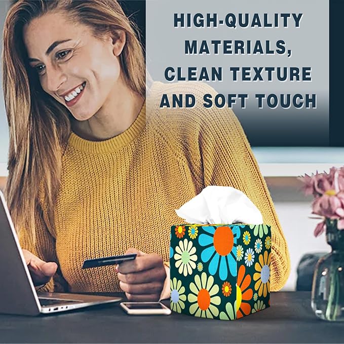 Tissue Box Cover Square Decorative Tissue Box Holder Cute Funny Cube Tissue Case Cover-Hippie Flower Tissue Box Cover