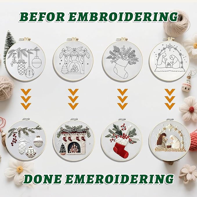 QBQBQ 4 Sets Embroidery Kits for Adults Beginners, Cross Stitch Kits with Videos, Patterns, Needles, Threads, Bamboo Hoop & Supplies, Includes Winter Designs, Home Decor Wall Art (Christmas Kits B)