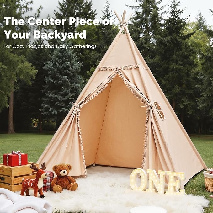 Sumbababy Large Teepee Tent for Kids Indoor - Cotton Canvas Slumber Play Tents for Adults - Foldable Sleepover Tents for Girls Boys Party Gift Toy, Khaki