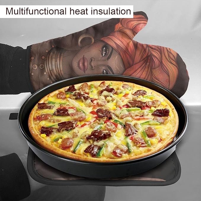 African American Black Woman Oven Mitts and Pot Holders Insulated Gloves & Kitchen Counter Safe Mats for Cooking BBQ Baking Grilling (2-Piece Set)