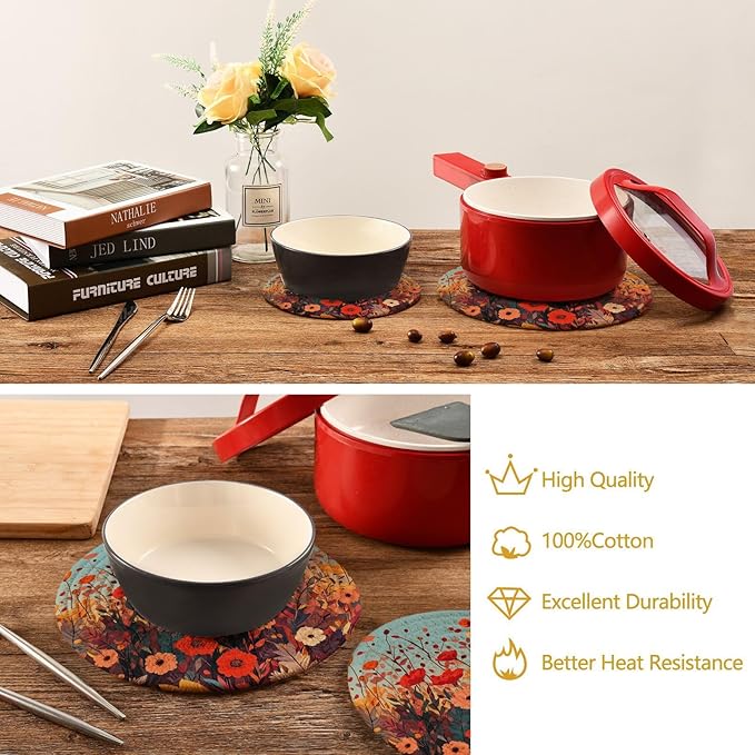 Autumn Poppy Flower Trivets for Hot Dishes Pots and Pans Potholders Woven Trivet Cotton Round Large Pot Holder Decor Heat Resistant Hot Pads Mat for Table Counter Cooking Potholder Set of 2