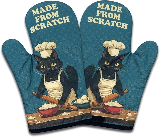 2 Pack Funny Baking Cat Oven Mitts, Made from Scratch, Heat Resistant Silicone Non-Slip Mitts, Kitchen Baking Gifts for Bakers, Sweet Housewarming Gifts for Women Hostess Friend Cat Lovers