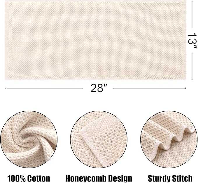Kitinjoy 100% Cotton Waffle Weave Kitchen Towels, 12-Pack Super Soft and Absorbent Dish Towels for Drying Dishes, Kitchen Hand Towels, 13 in x 28 in, Beige