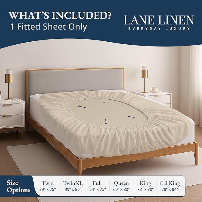 Lane Linen 100% Egyptian Cotton Twin Size Fitted Sheet Only (39"x75" + 15") - Elegant Sateen Weave, Ultra Soft, Breathable, Highly Durable, Deep Pockets Upto 17" - Ivory