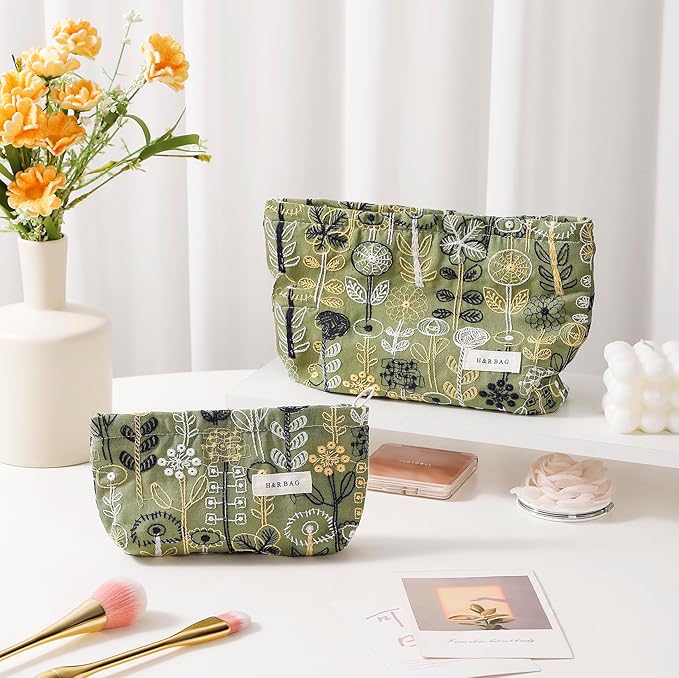 getgto 2 Pcs Makeup Bags, Large Cosmetic Bag Travel Toiletry Bag Organizer for Women, Embroidery Craft,Makeup Bag Small Cosmetic Pouch Purse with Zipper Gifts for Girls Teen