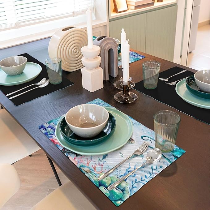 Turtle Ocean Placemats, Cartoon Blue Watercolour Ocean Coral Shell Seahorse Octopus Starfish Animal Print Washable Fabric Placemats Table Kitchen Dining Party 12x18 Inch Set of 4