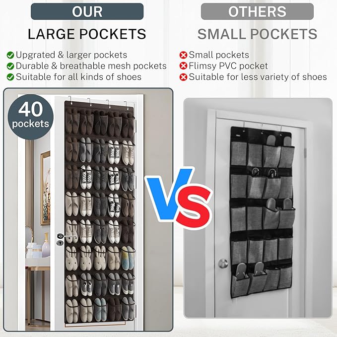 Hualleko 40-Pocket Over the Door Shoe Organizer - Large Mesh Pocket Hanging Shoe Organizer,Behind the Door Shoes Storage Holder Hanger (Coffee color)