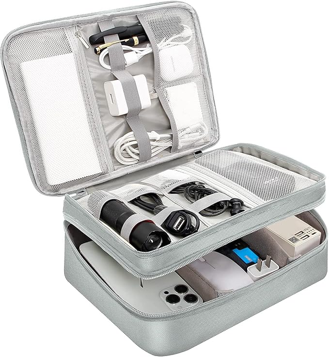 OliviaLiving Electronics Travel Organizer, Double Layer Cable Organizer Bag Waterproof Electronics Accessories Storage Bag for Charger, Phone, Power Bank, Hard Drive, Cord, Tablet