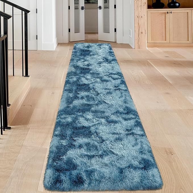 2x8 ft Plush High Pile Blue Tie-Dyed Rug Fluffy Soft Runner Bedside Rug for Bedroom Living Room Hallway Nursery Kids Home Decor Shag Carpet