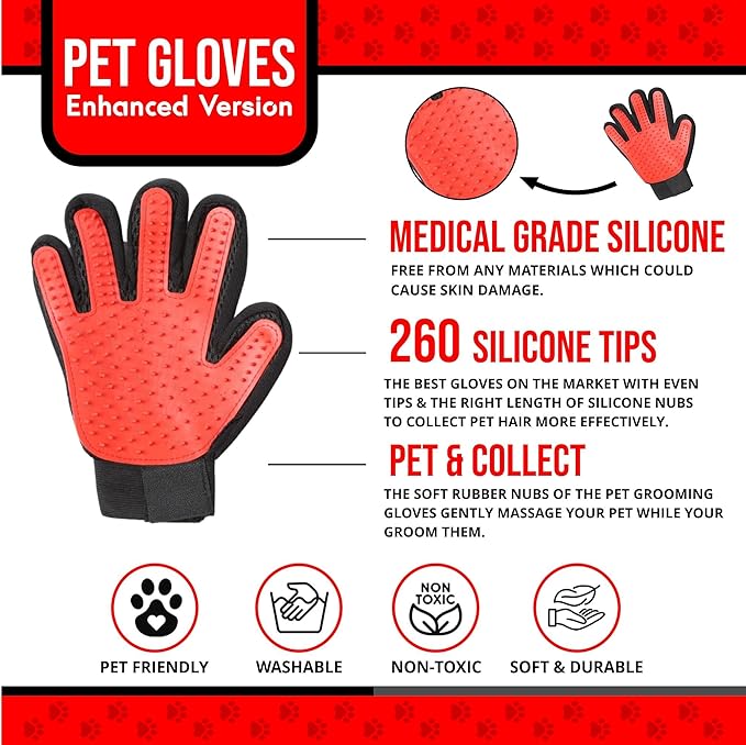 HappiTails Pet Grooming Gloves – 1 Pair – Deshedding & Bath Massage Mitts for Dogs & Cats – Choose from 5 Colors – Adjustable, Reusable & Easy to Clean (Red)
