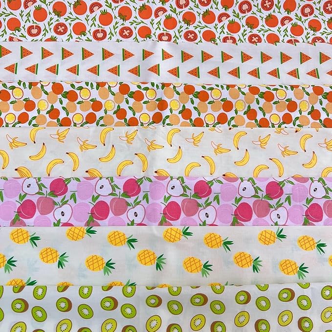 7Pcs 9.8" x 9.8"(25 * 25CM) Cotton Fabric DIY Making Supplies Quilting Patchwork Fabric Fat Quarter Bundles DIY for Quilting Cotton Patchwork Cushions (7pcs Fruit, 9.8" x 9.8")