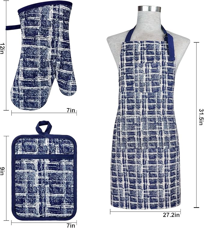 Oven Mitts and Pot Holders with Cooking Apron,Set of 5 Heat Resistant Kitchen Gloves and Silicone Non-Slip Potholders Adjustable Neck Buckle Chef Apron, Cotton Nice Design for Cooking (Navy)