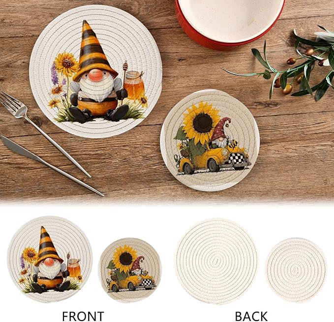 Boccsty Spring Gnome Trivets for Hot Pots and Pans Sunflower Truck Pot Holders 2PCS Hot Pads Kitchen Pot Holder for Counter Table Countertop Farmhouse