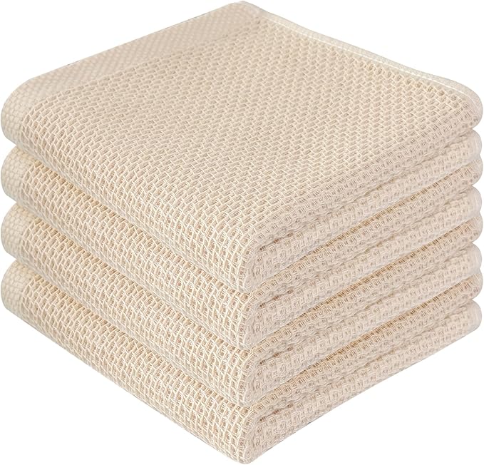 FreeNook 100% Cotton Waffle Weave Kitchen Towels, 4 Pack Dish Cloths for Washing Dishes, Ultra Soft Absorbent Dish Towels, Quick Drying Kitchen Rags, 13x28 Inches, Beige