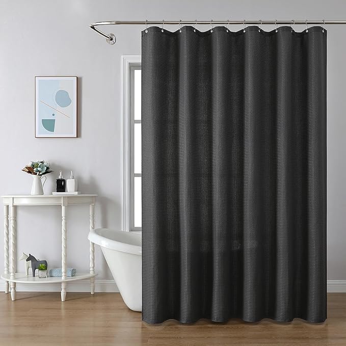 meioro Charcoal Grey Shower Curtain, Waffle Weave 256GSM Heavy Duty Textured Fabric Shower Curtains for Bathroom Hotel Spa, Luxury Weighted Polyester Cloth Bath Curtain Set with 12 Hooks, 72Wx72H