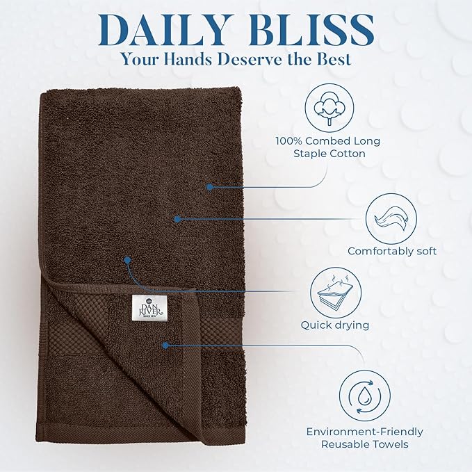 DAN RIVER 6-Pack Premium Hand Towels (16x28 Inches) - 100% Cotton, Ultra Soft, Lightweight, Highly Absorbent Towels for Bathroom, Spa, Gym, Salon, Hotel, and Travel - Brown