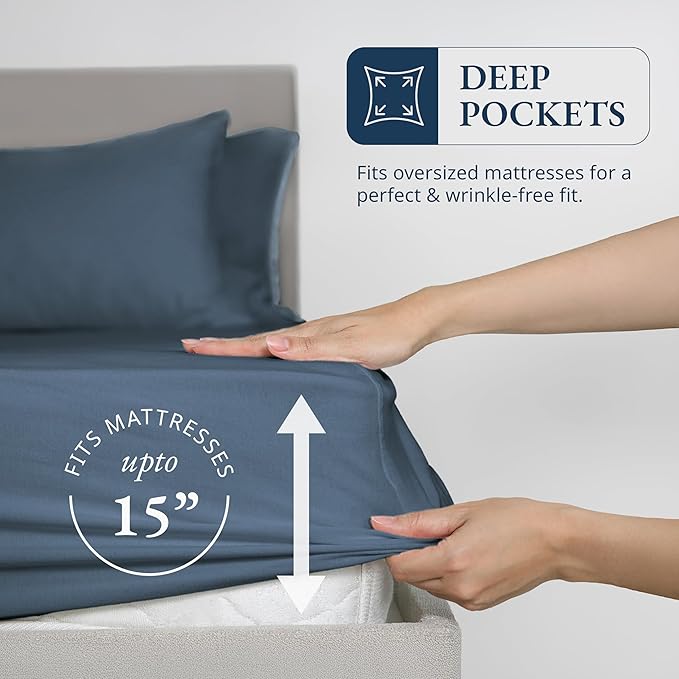 LANE LINEN Fitted Sheet King Size, 100% Organic Cotton, 3-Piece Set (1 Fitted Sheet,2 Pillowcases), Percale Weave, Ultra Soft, Breathable,Fits Mattress Upto 15" Deep - Navy (No Flat Sheet)