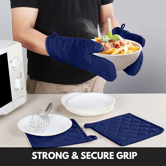 Oven Mitt (7"x13") & Pot Holder (8"x8") 100% Cotton Set of Heat Resistant Oven Gloves & Hot Pads for Gifts, BBQ, Cooking, Baking, Thanksgiving - Indigo Blue