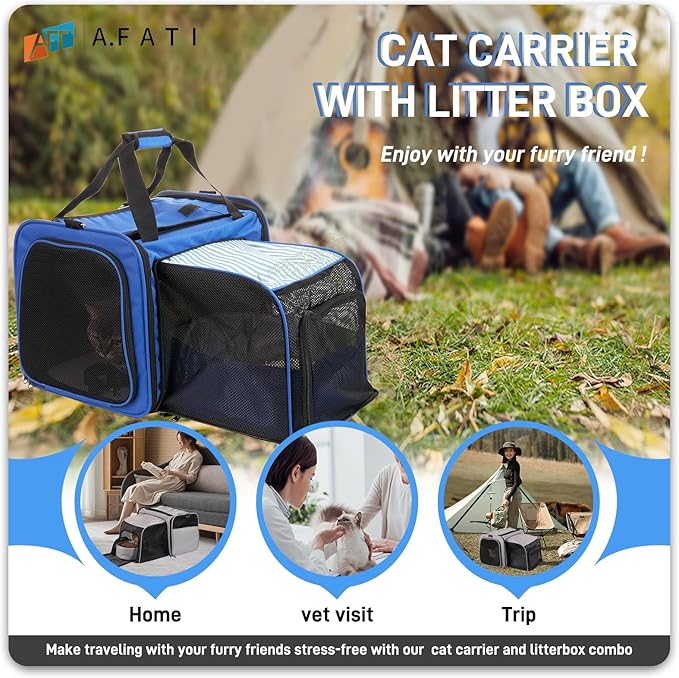 Cat Carrier with Litter Box, Expandable Cat Travel Carrier for Car with Bowl, Collapsible Pet Carrier for Car Travel with Lockable Zippers, Soft Sided Pet Carrier for Cats/Puppies up to 20 lbs, Blue