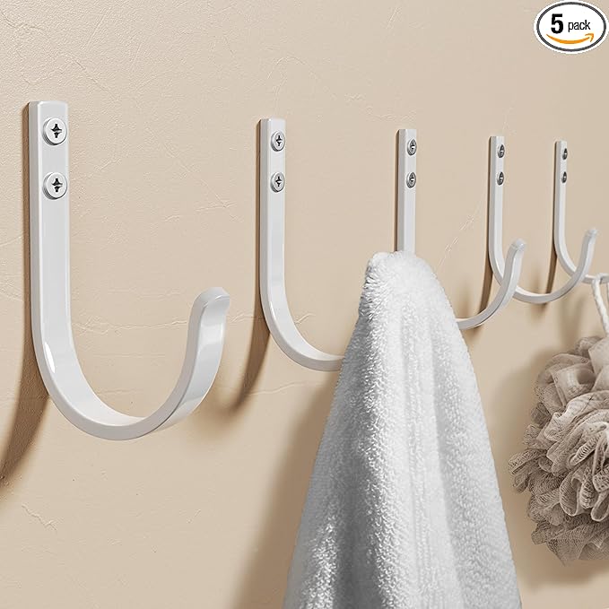 Josmimic Wall Hooks for Hanging Towel/Coat - 22LB Screw in Metal Hanger Wall Mount, for Outdoor, Closet, Door, Bathrooms, for Backpack, Robe, White 5 Pack