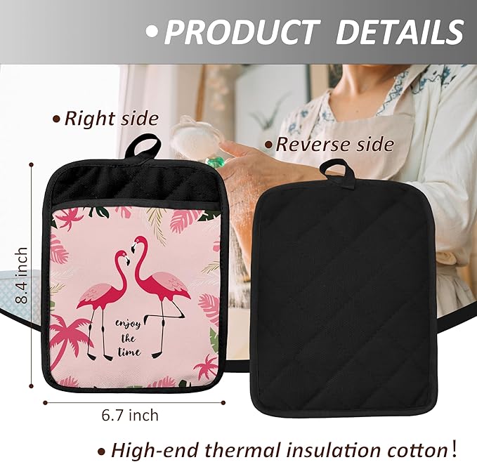 Pink Flamingo Pot Holders with Pockets, Tropical Flamingo Enjoy The Time Pot Holders Heat Resistant Oven Mitts Hot Pads for Kitchen Baking Cooking