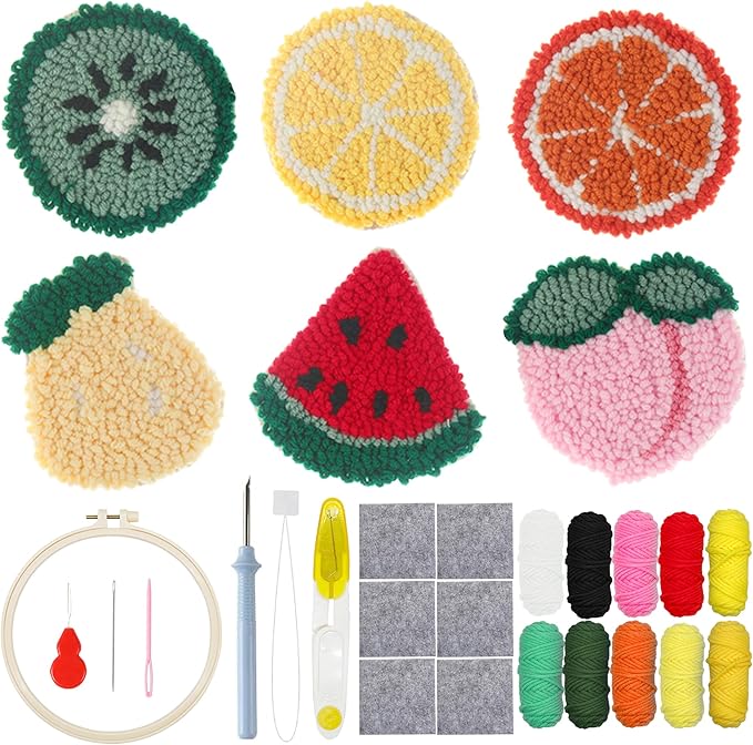 Allazone Punch Needle Kits, Punch Needle Coasters Kit, Punch Embroidery Kit with Felt Yarns Hoop Tools for DIY Coaster Crafts (Fruits)