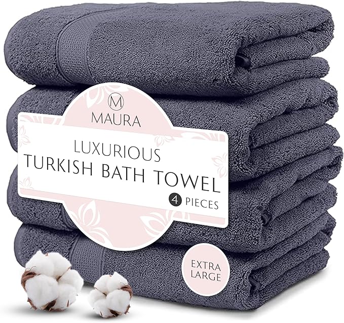 MAURA Indigo Blue Extra Large Turkish Cotton Luxury Bath Towels Set of 4. Ultra-Soft, Thick & Plush Towels for Bathroom - Denim Blue