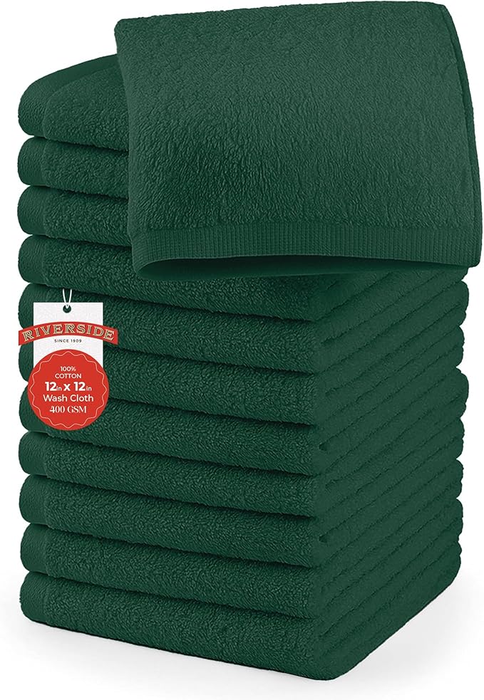 RIVERSIDE 12 Pack Washcloths - 12x12 Inches, 500 GSM, 100% Ring-Spun Cotton - Soft, Absorbent & Durable Face and Body Towels - for Bathroom, Spa, Gym, Makeup Removal & Everyday Use - Hunter Green