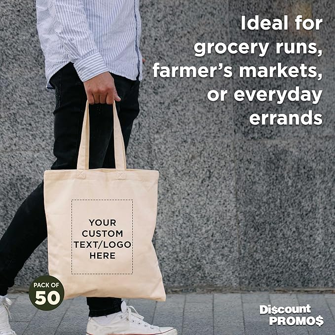 DISCOUNT PROMOS Custom Cotton Tote Bags (Set of 50) - Personalized, Reusable & Eco-Friendly - Perfect for Grocery, Promotions, Branding - Natural Color, 14.5"X16.75", 4 OZ Cotton